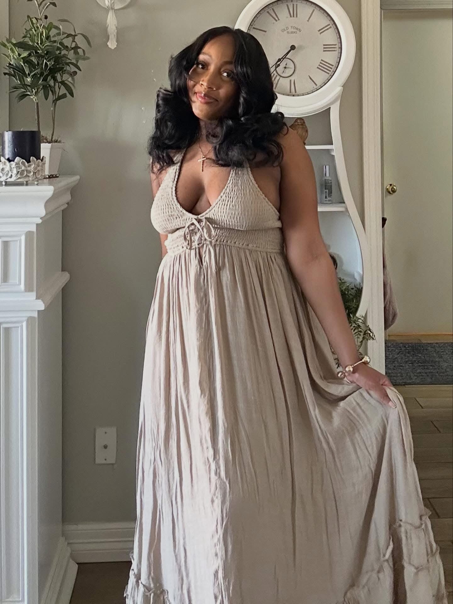 Raven Smocked Halter Maxi Dress (Taupe)