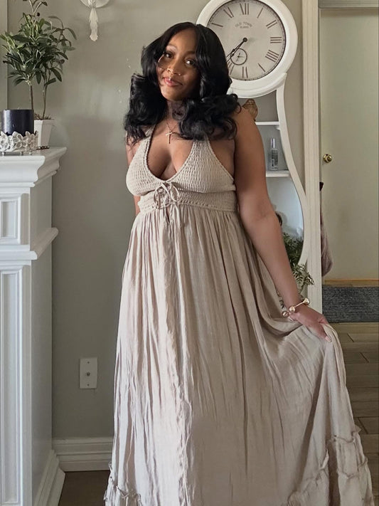 Raven Smocked Halter Maxi Dress (Taupe)